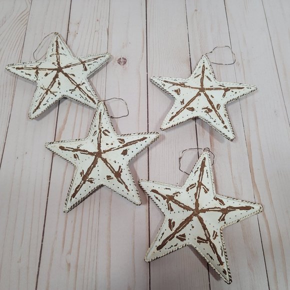 Set 4 Metal White Star Home Decor Shabby Chic Rustic Country Hanging Ornaments - Picture 2 of 5
